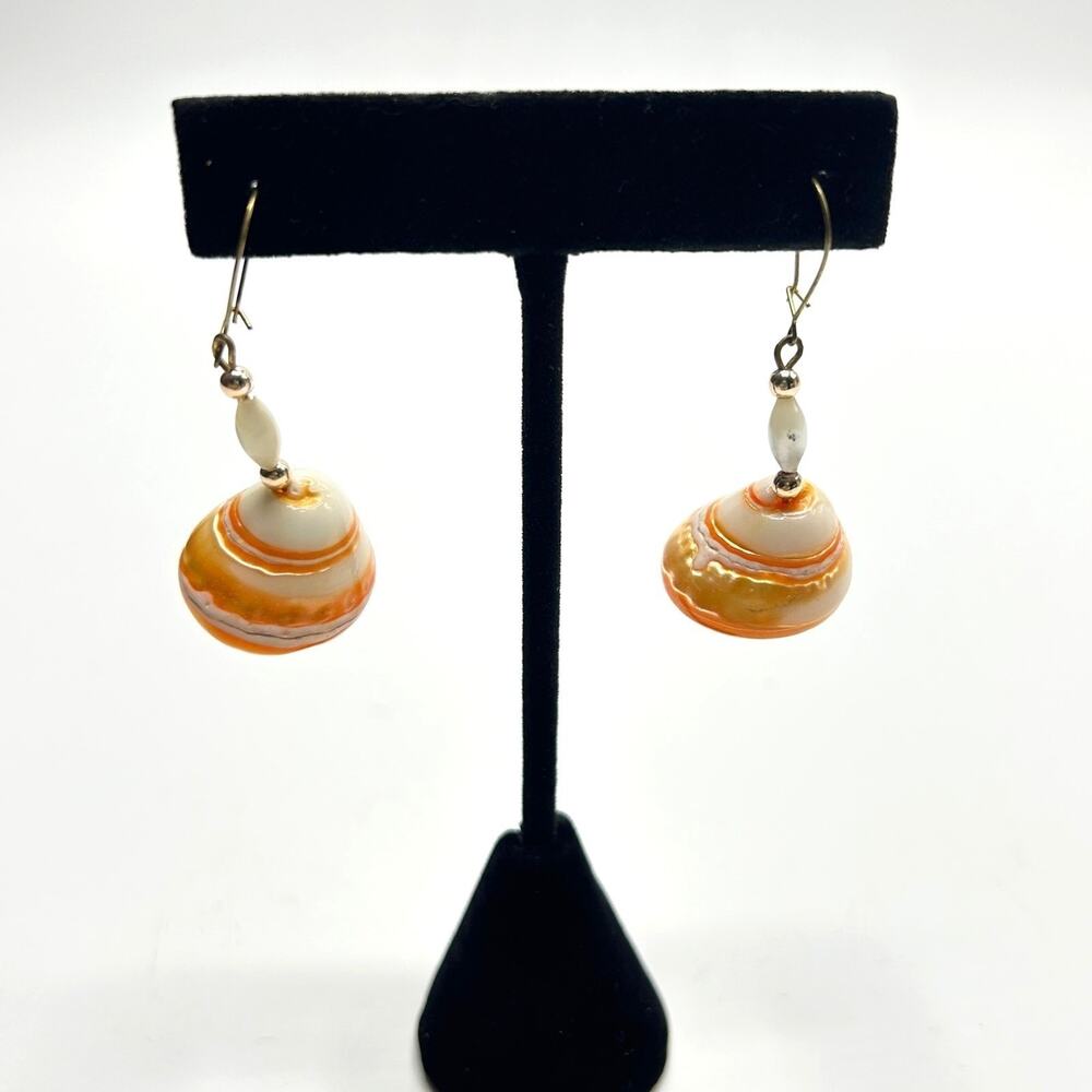 Vintage Seashell Dangle Earrings Handmade Orange Striped Beachy Coastal Cowgirl